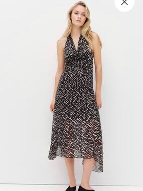 H&M Black Halter Midi Dress with White Polka Dots